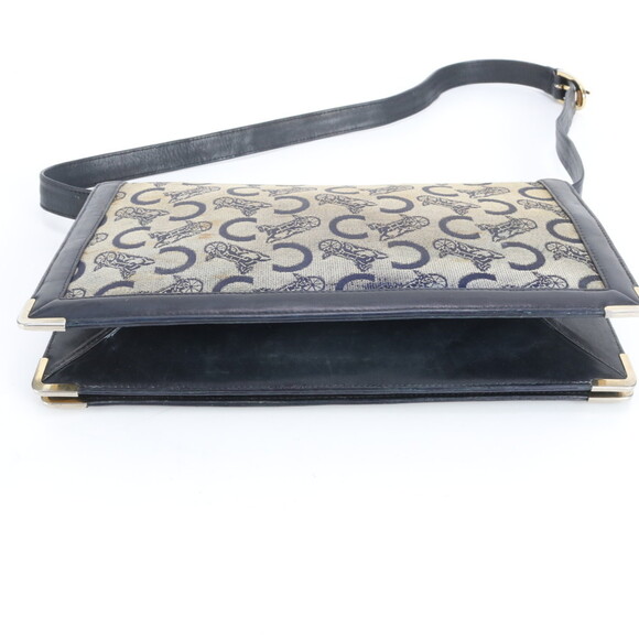 Celine Sulky Leather Canvas Shoulder Bag Handbag Navy Women's